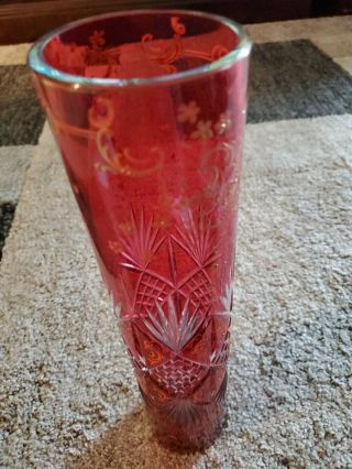 Antique Bohemian Moser Style Cranberry Enamel Decorated Bud Vases 14 "