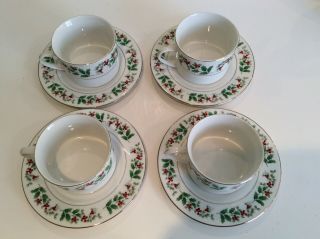 Gibson Everyday Holly Berry Christmas Charm Set Of 4 Teacups And Saucers