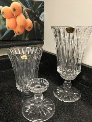Two 12” Block Crystal Footed Vases,  Mouth Blown,  Hand Cut,  24 Full Lead - Nib