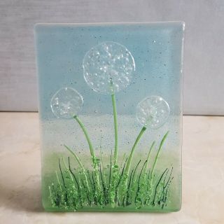 Handmade Freestanding Fused Glass Panel Dandelion Clock Seed Heads.  Three Wishes