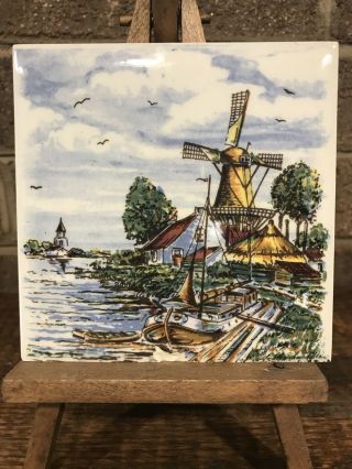 Vintage Delft Hand Painted Holland Windmill Ocean Boat Ceramic Tile