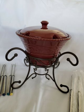 Fondue Pot Home And Garden Stoneware Complete w Stand &12 Fondue Forks Prewoned 2
