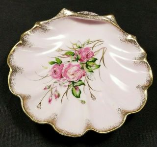 Vtg Pink Clam Shell Or Leaf Trinket Dish Plate Roses Flowers Made In Japan