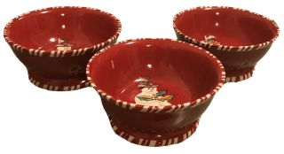 Three Tracy Porter Jolly Ol Snowy Snowman 6 - 3/4”footed Red Soup Cereal Bowls