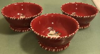 THREE Tracy Porter Jolly Ol Snowy Snowman 6 - 3/4”Footed Red Soup Cereal Bowls 2