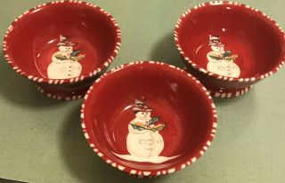 THREE Tracy Porter Jolly Ol Snowy Snowman 6 - 3/4”Footed Red Soup Cereal Bowls 3