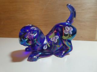 Fenton Art Glass Cobalt Blue Iridescent Carnival Glass Puppy Dog Figurine Signed