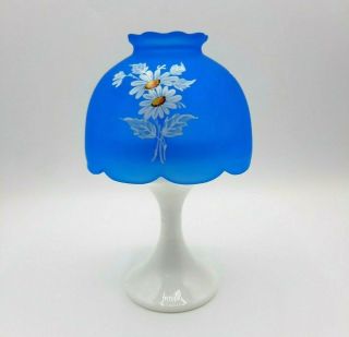 Vintage Westmoreland Glass Fairy Lamp Light Blue Satin Mist Painted Daisy