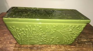Real Home Olive Green Embossed Loaf Pan Baker W/lid High Fire Earthenware Euc