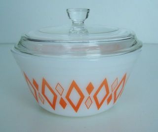 Very Rare Federal Glass Atomic Diamond Orange Bowl With Lid Made In Usa