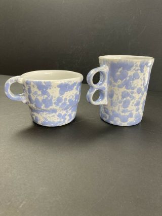2 Bennington Potters Vermont Morning Glory Blue Agate Trigger Mugs 1960 Vintage