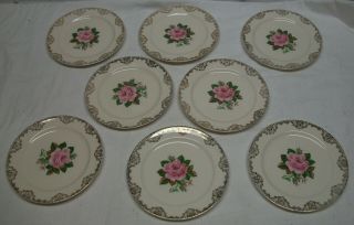 8 Vintage Paden City Pottery " American Rose " 6 1/2 " Dessert Plates - 22k Gold