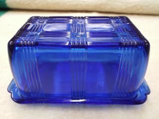 Vintage Blue Criss Cross Depression Glass Butter Dish With Lid & Handles