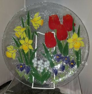 Vtg Peggy Karr Signed Pkg Fused Studio Art Glass Flowers 14 " Serving Plate Usa