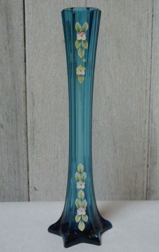 Murano Venetian Blue Art Glass Tall Bud Vase Applied Flowers Italian Vintage
