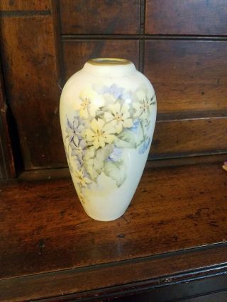 R S Germany Hand Painted Vase Yellow Blue Green Flowers Gold Band Rim