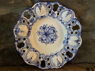 Portugal Reticulated Pierced White Blue Floral Hand Painted Wall Plate 9”decor