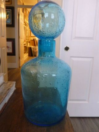 Mid Century Controlled Bubble Decanter - Blue Glass - Unique Round Top