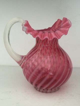 Vintage Fenton Glass Cranberry Opalescent Swirl Pitcher Reed Handle 8 " Tall