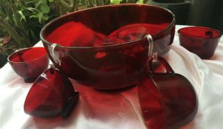 Vintage Mid Century Anchor Hocking Ruby Red Glass Punch Bowl Set With 16 Cups