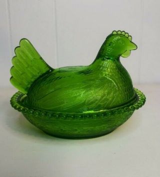 Vintage Indiana Glass Green Hen On Nest Candy Trinket Dish 7 "