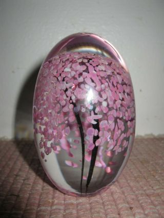Daum France Pink Flowers / Tree Art Glass Egg Shape Paperweight