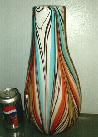 Huge 14 " Vintage Murano Italian Art Glass Vase Multi - Color Pulled Feather Swirl