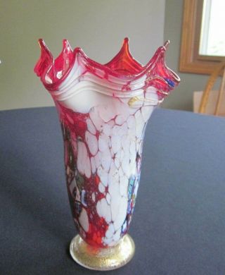 Vintage Murano Millefiori Art Glass Red Vase With Gold Flecks