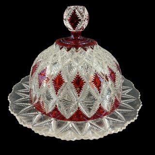 Vintage Ruby Red Cranberry Flash Cut Glass Covered Butter Dish Diamond Pattern