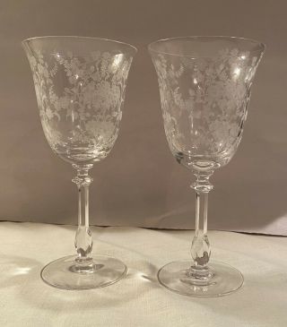 Elegant Set Of 2 Vintage Tiffin Rose Etched Stem Tall Crystal Water Wine Goblets