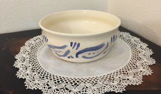 Studio Art Pottery Bowl Signed By Artist.  Ivory With Blue Design.  D 6 1/2 " H 3 "