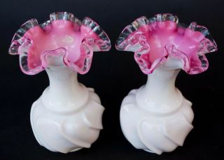 Pair (2) Of Fenton Vases 6 " 1956 - 60 White & Pink Ruffled Rim Glass