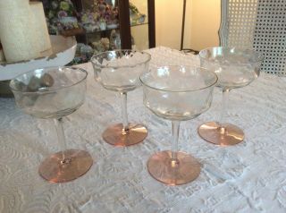 4 Vintage Mcm Pink Base Diamond Optic Crystal Champagne Coupes