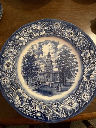 Set Of 4 Liberty Blue Dinner Plates.  Old Church Scene
