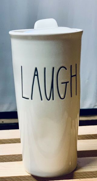 Rae Dunn,  Tumbler With Lid,  White With Black Lettering,  Laugh