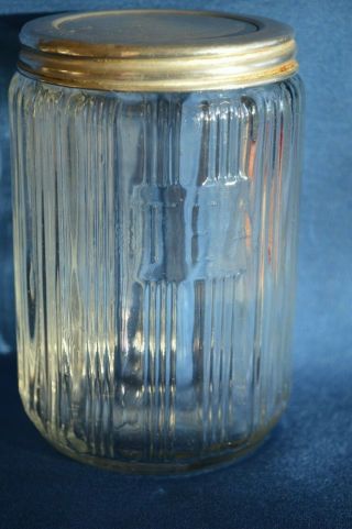 Vintage Sellers Triple Skip Ribbed Glass Tea Canister W Orig.  Lid 5 " Hoosier Jar