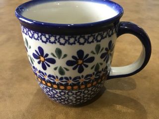 Boleslawiec Polish Pottery Coffee Cup Blue Flowers/ivory