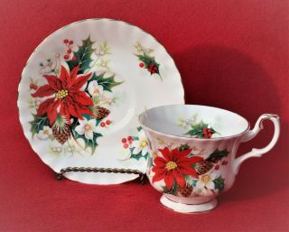 Royal Albert China " Poinsettia " Footed Cup & Saucer England Red Holiday Floral
