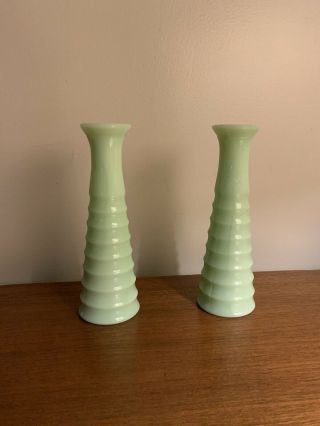 1930s Vintage Jeanette Glass Jadeite Art Deco Ribbed Bud Vases