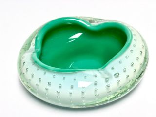 Murano Sommerso Art Glass Green & White Ashtray Bowl Bullicante Bubbles Italy