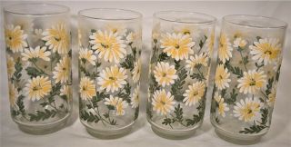 Set Of (4) Vtg Libbey Yellow & White Daisy 16oz Cooler Tumbler Drinking Glasses