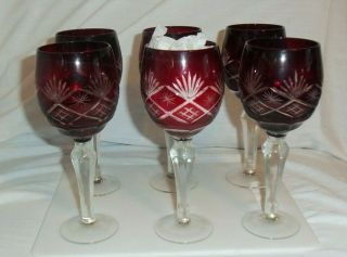 Set Of 6 Vintage Bohemian Ruby Cut To Clear Hock 7 1/2 " Wine Glasses