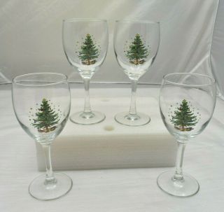 Set Of 4 Spode Christmas Tree Wine Water Goblet Glasses Stemware 7 1/4 " Tall