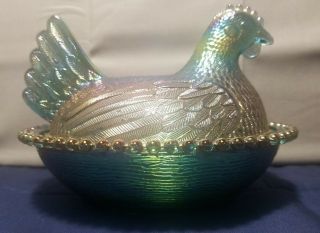 Vintage Indiana Glass Iridescent Horizon Blue Hen On Nest Covered Dish 7 "