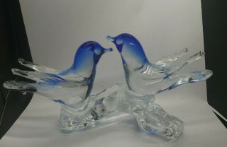 Vintage Murano Art Glass 2 Birds On Branch Blue And Clear 7 3/4 " Long