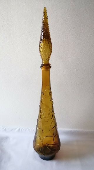 Vintage Empoli Italian Glass Genie Bottle Decanter Flowers And Butterfly