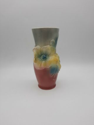 Vintage Royal Copley Ceramic Vase Blue & Pink with Yellow Flowers 2