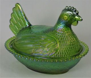 Mid - Century Indiana Carnival Glass " Hen On A Nest " Iridescent Lime Green