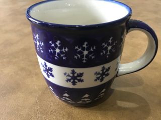Boleslawiec Polish Pottery Coffee Cup Blue/ivory Christmas Trees /snowflakes