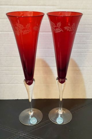 Lenox For The Holidays Holiday Gems Toasting Flutes Ruby 11 " Tall Set Of 2 Nib